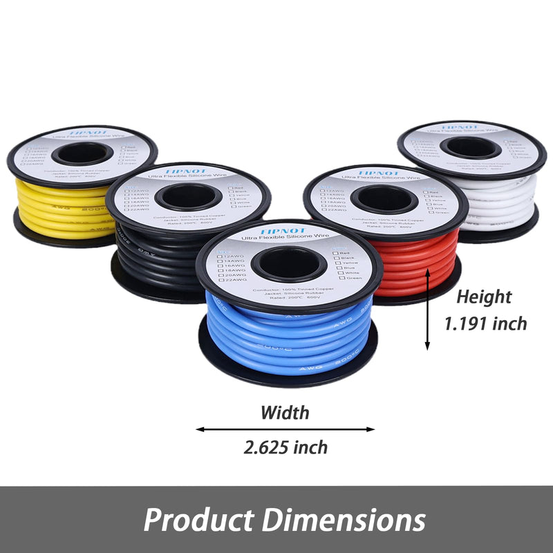 Flexible 12 Gauge Silicone Wire 50ft, 12 AWG Stranded Automotive Wire (Red+Black+Blue+Yellow+White 5 Colors Each 10ft) 100% Tinned Copper Conductor Rated 392℉ 600V 5 Colors - Red, Black, Blue, Yellow, White