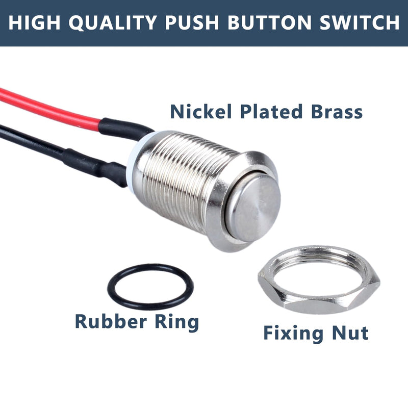 [Australia - AusPower] - 2-Pack 12mm Momentary Metal Waterproof Push Button Switch Raised Head 1/2" Mounting Hole with Pre-soldered Cable 250V 3A 1NO Momentary with Cable 