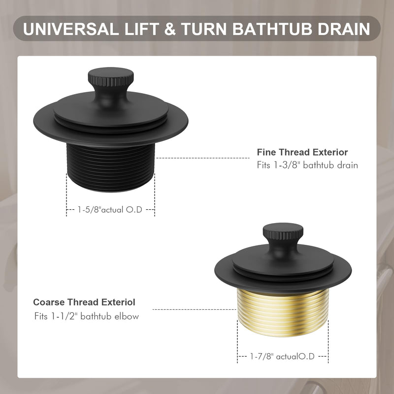 Tub Drain Stopper Bathtub Drain, Hair Catcher and Two-Hole Overflow Faceplate,11.5/16 UNC Bathtub Drain, Premium Brass Lift and Turn Twist Tub Drains Replacement Trim Kit,Tub Stopper, Matte Black