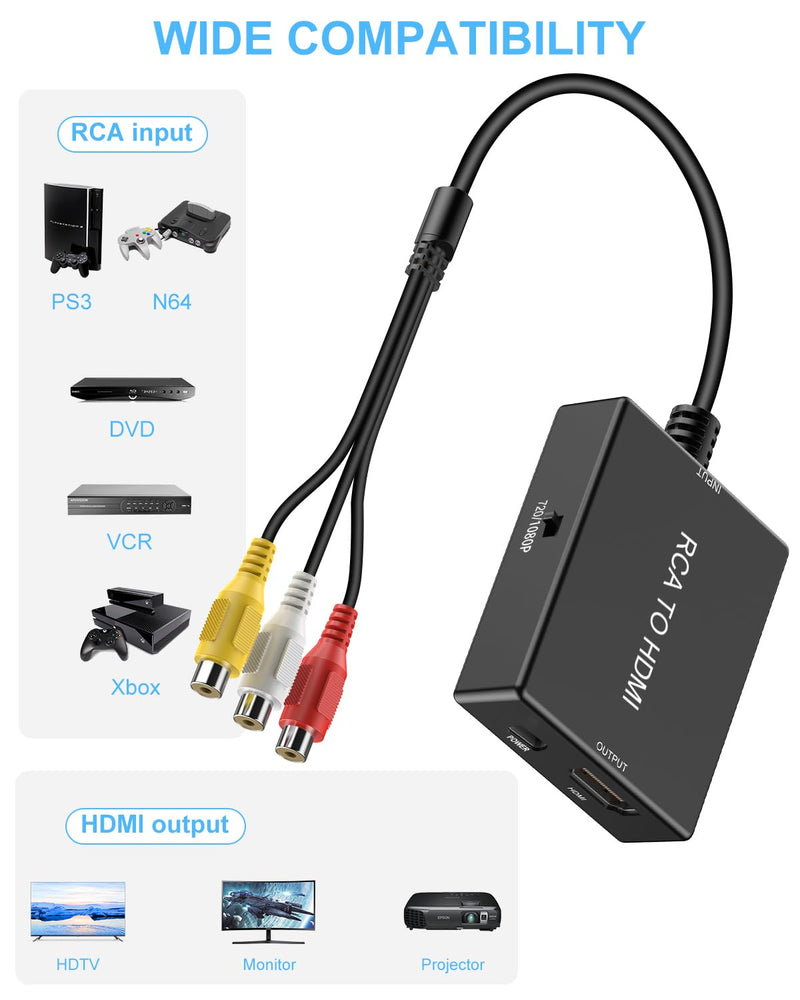 [Australia - AusPower] - RCA to HDMI Adapter Converter, AV to HDMI Converter with HDMI Cable Supports PAL/NTSC for PS2/VHS/VCR/Blue-Ray DVD ect. 