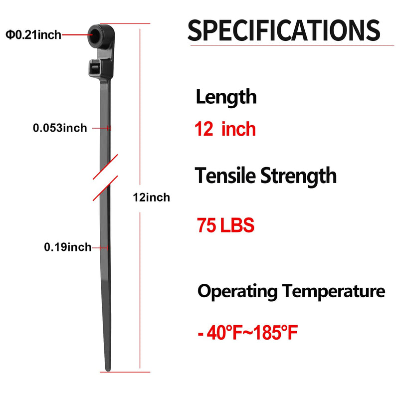 [Australia - AusPower] - 200 PCS 12 inch Black Zip Ties with Screw Hole 75lbs Mountable head Cable Ties Straps Multipurpose Heavy Duty Nylon Cable Zip Ties with Screw Mounting Hole 12 Inch (200PCS) 