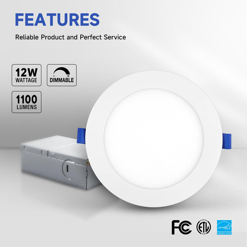 [Australia - AusPower] - ECOELER 6 Inch Slim Recessed Lighting with Junction Box, Dimmable Recessed Can Lights, 5000K Daylight, 12W 1100Lm Dimmable LED Downlight, ETL & Energy Star 1 - Pack 