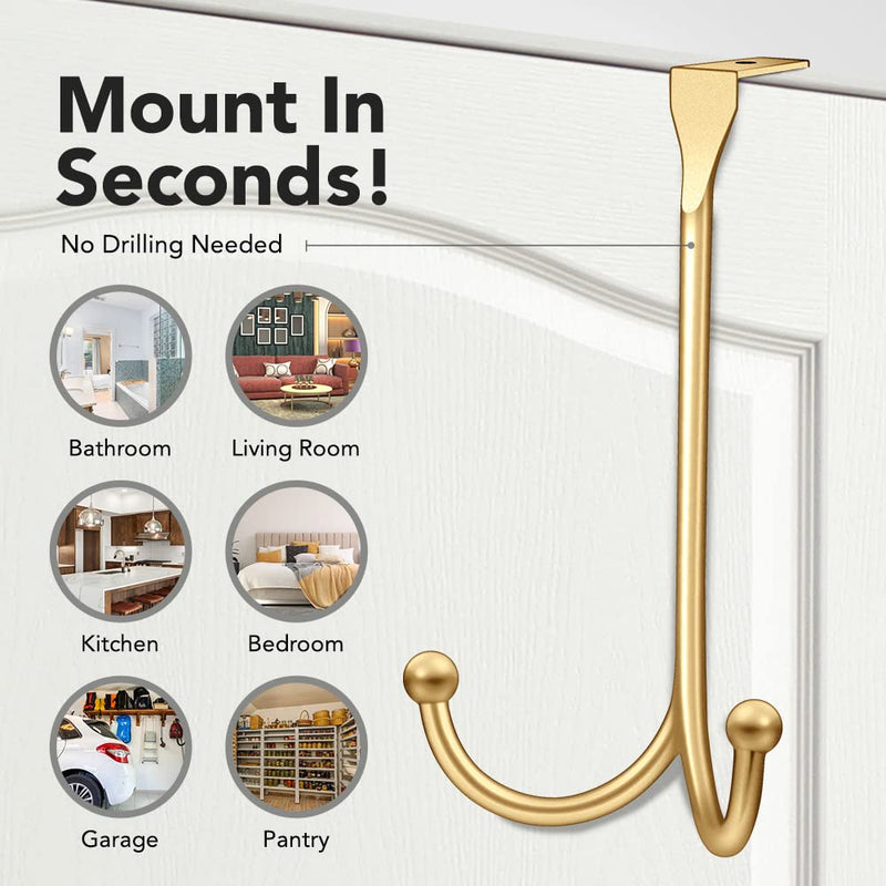 [Australia - AusPower] - 2-Pack Over The Door Hooks - with 2 Hang Heads & Snug Fit Pads Heavy Duty Hook for Hanging Coats, Towels, Caps & Robes - Elegant Matt Finish - No Drill Hanger Organizer - Gold 