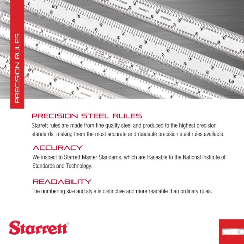 Starrett Full Flexible Steel Rule with Satin Chrome Finish, Quick Reading, and Inch Graduation - 10 Graduation, 6" Length, 1/64" Thickness - C310K-6