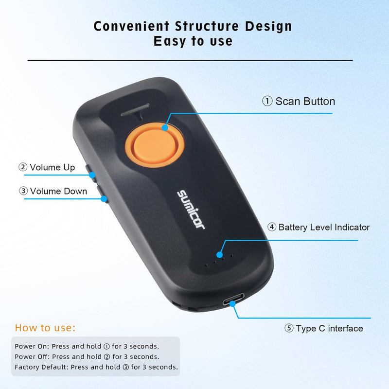 [Australia - AusPower] - Sumicor Wireless Barcode Scanner, Portable Mini Bluetooth Reader 1D Laser Scanner with Battery Level Indicator Small UPC Bar Code Scanner for Library Inventory 1D Mini Laser Orange 