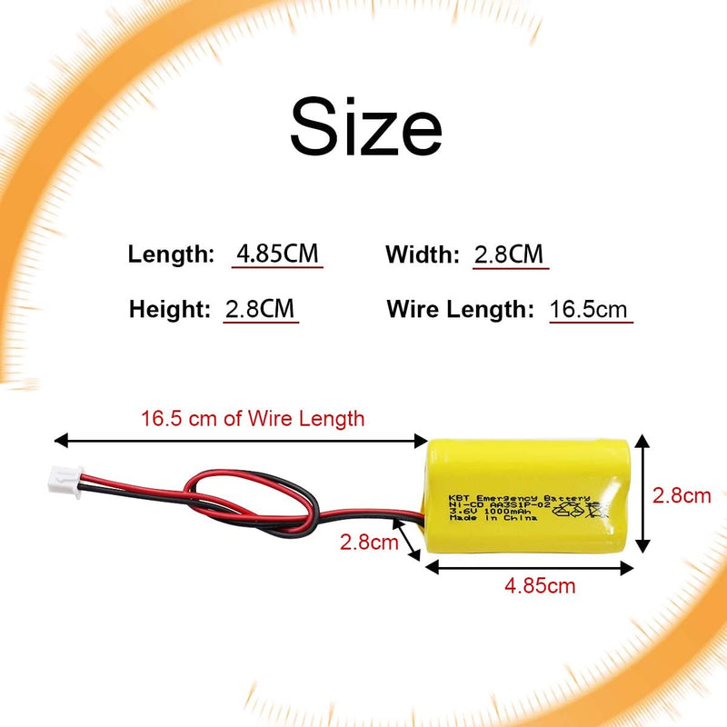 KBT 3.6V 1000mAh AA Size Battery,Ni-CD Battery with 2Pin JST PH 2.54 Connector,Replacement for Lithonia Unitech 0253799 ANIC1566 ELBB001 AA900MAH Emergency/Exit Light/Fire Exit Sign(6-Pack) 3.6V-PH2.54-02-6Pcs