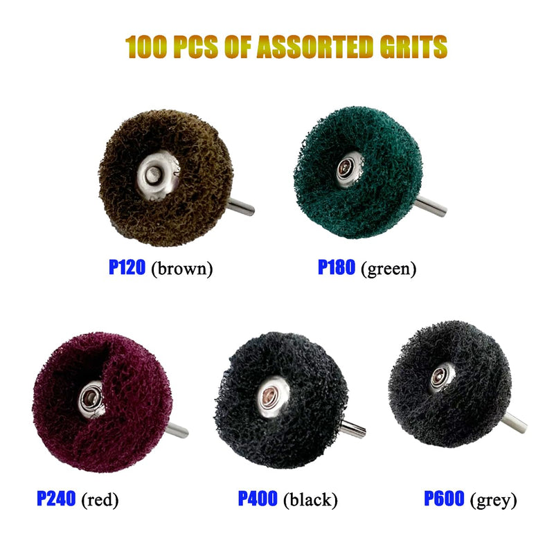 [Australia - AusPower] - Buffing Wheel 100 Pack Abrasive Polishing Deburring Wheels Metal Polishing Kit Rotary Tool Accessories for Metal Polishing, Rusting Cleaning, Paint Removal, and Other Fine Detail Work 