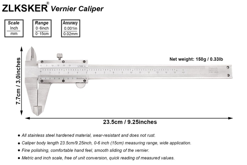[Australia - AusPower] - ZLKSKER 0-6 Inch / 15cm Micrometer Vernier Caliper, Stainless Steel Precision Measuring Tool (Inch/Metric), Depth/Inside/Outside/Step Measurement, 0.001" / 0.02mm 
