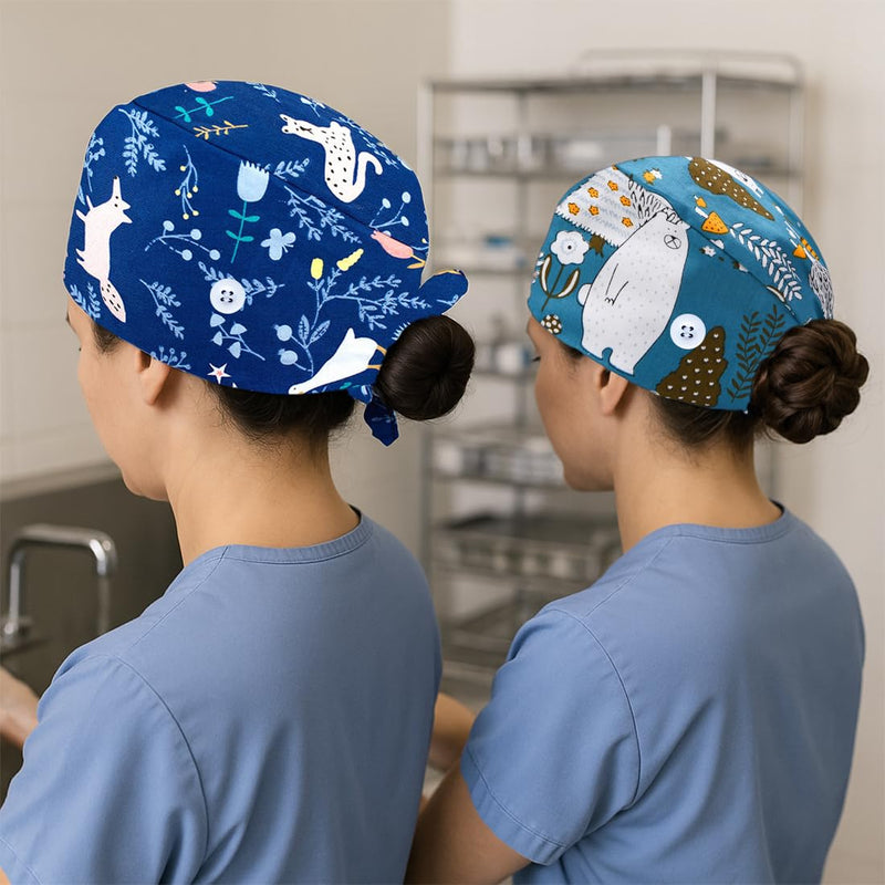 Pack of 2 Surgical Caps, Women's Adjustable with Button, Work Cap, Cotton Print, Sick Nurse Cap, Unisex Dust Caps (Animal Style)