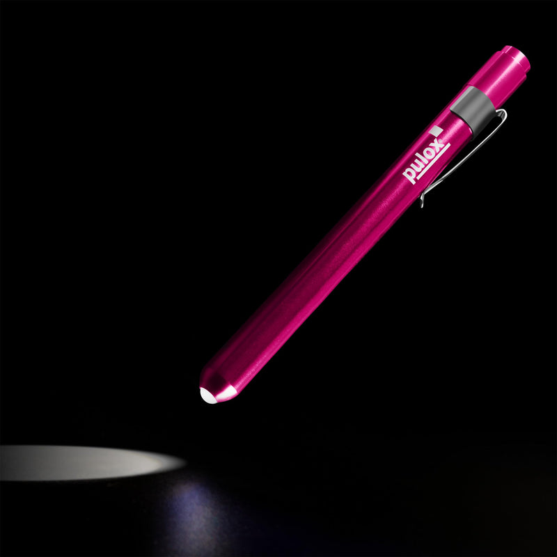 Pulox Diagnostic Light Pink LED Penlight with Measuring Scale + Batteries | Medical pupil light made of aluminium, diagnostic pen lamp for practice, clinic and training