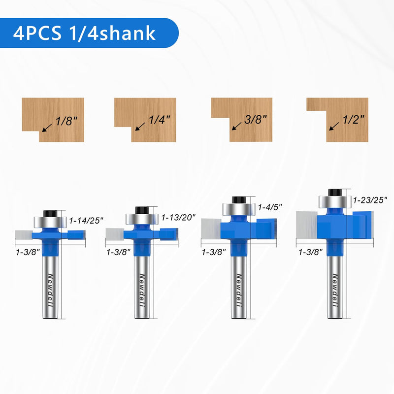 [Australia - AusPower] - Newdeli Rabbet Router Bit Set 1/4 Inch Shank - 4Pcs Rabbeting Router Bits?1/8",1/4",3/8", 1/2" Height? with 6 Bearings Set (1/2", 5/8", 3/4", 7/8", 1", 1-1/8" Bearings) - Wood Biscuit Slot Cutters 4Pcs Rabbet Router Bits-6 Bearings-1/4" Shank 
