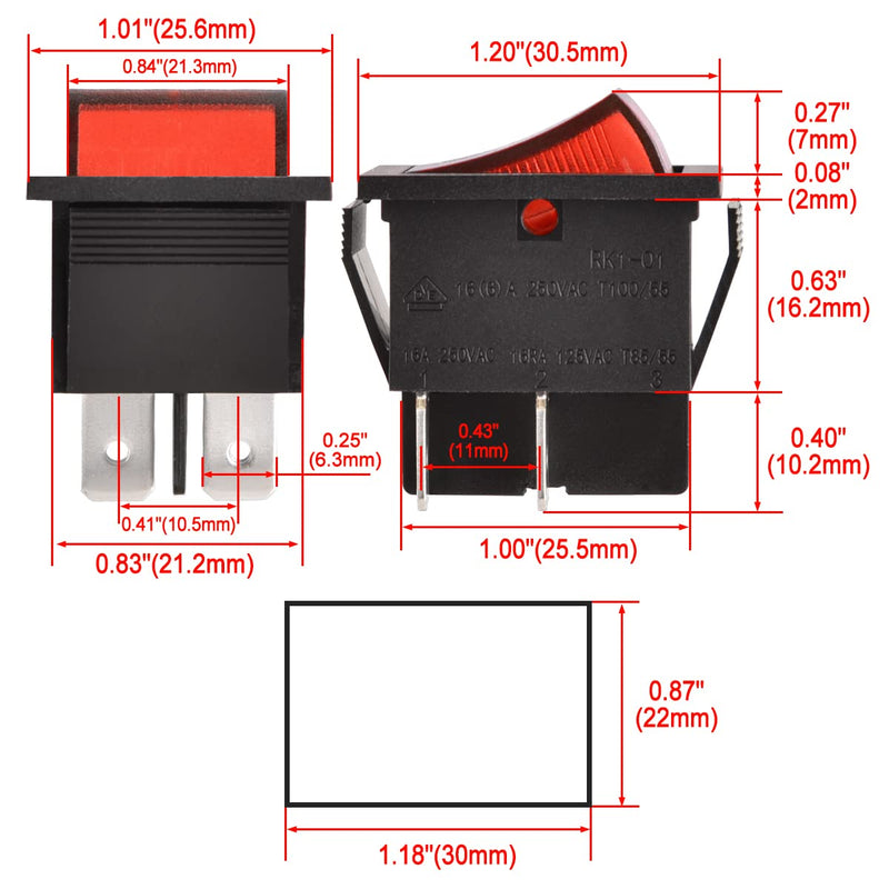 [Australia - AusPower] - Rocker Switch ON-OFF DPST 4 Terminals Red light 16A 250VAC 2Pack 