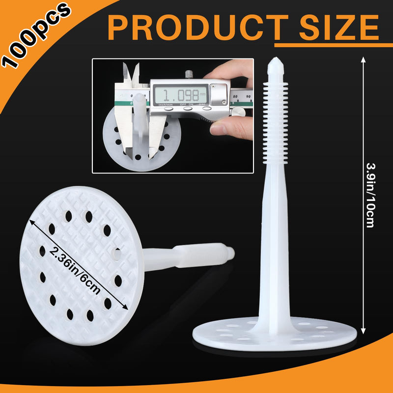 Wonderjune 100 Pcs 4" Heavy-Duty Plastic Masonry Insulation Fasteners, 12-Hole Washer Design for Rigid Foam Board, Thermal Bridging Free Anchors for Concrete, Brick & Stone Walls