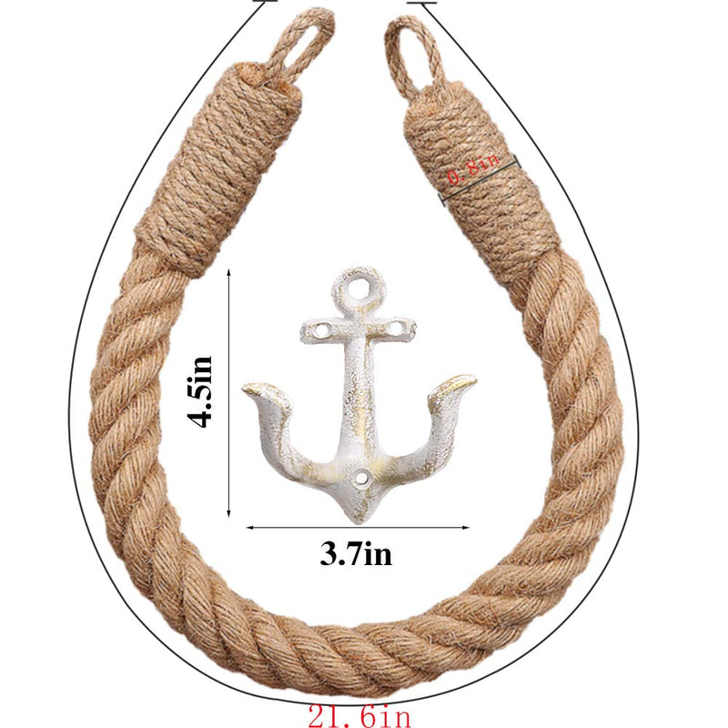 2 Pcs Nautical Rope Toilet Paper Holder Wall-Mounted Towel Ring Nautical Toilet Paper Holder with Metal Hooks Coastal Towel Rack Natural Antique Rope （White+White） White+white