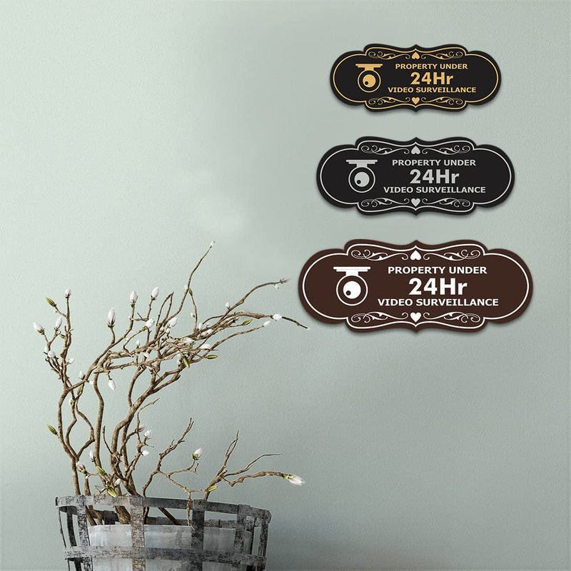 Designer Property Under 24Hr Video Surveillance (Camera) Sign (Black) - Large 2 Pack 3.5 x 9" - Large (2 Pack) Black