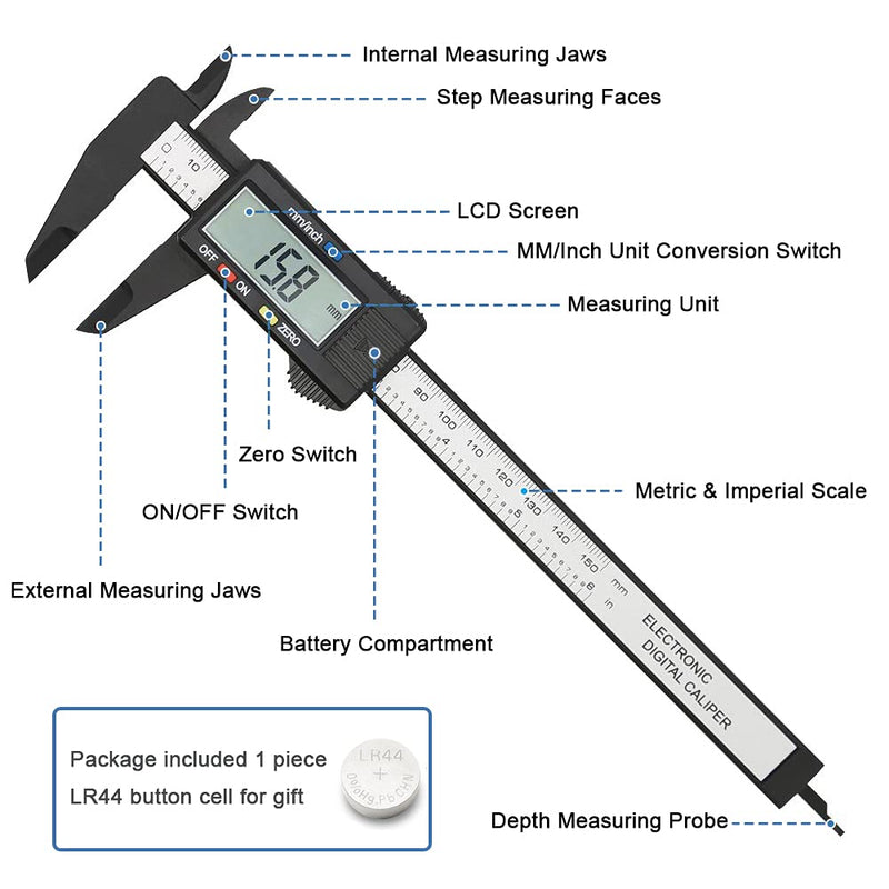 [Australia - AusPower] - Mesee Digital Caliper, 150mm Accuracy LCD Digital Caliper Gauge Carbon Fiber Electronic Micrometer Ruler Measuring Tool for Length Width Depth Inner Diameter and Outer Diameter 