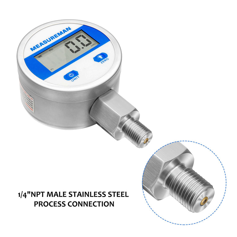 [Australia - AusPower] - MEASUREMAN 2-1/2" dial, Digital Hydraulic Industrial Pressure Gauge with 1/4" NPT Lower Mount, Stainless Steel case and Connection, 200psi/14bar, 1%,Battery Powered, with LED Light 2-1/2" Dial, 0-200psi 1% 