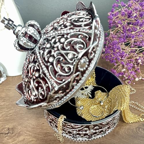 Crown Shape Jewelry Chest, Yurt Style Vintage Metal Gem Box, Round Alloy Retro Patterned Storage Case (Chrome Red, XL) Chrome Red