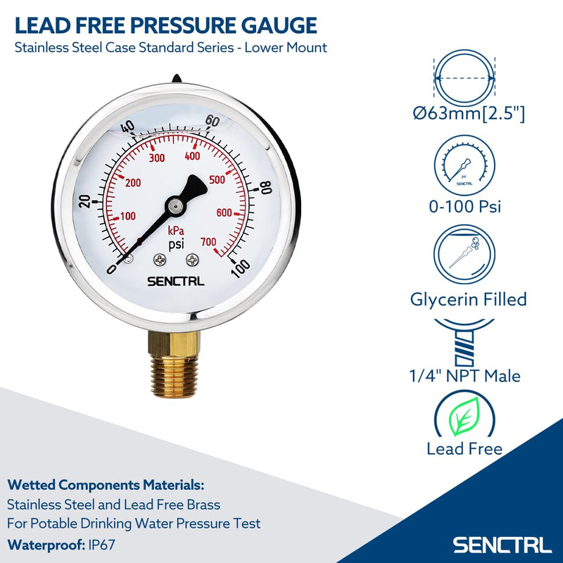 [Australia - AusPower] - 100 Psi Lead-Free Glycerin Liquid Filled Low Pressure Gauge, 2.5" Dial Size, 1/4" NPT Lower Mount, Stainless Steel Case, for Home Potable Water Pump, Air, Well, RV Hose, Pressure Test 0-100Psi Lower Mount (Lead Free) 