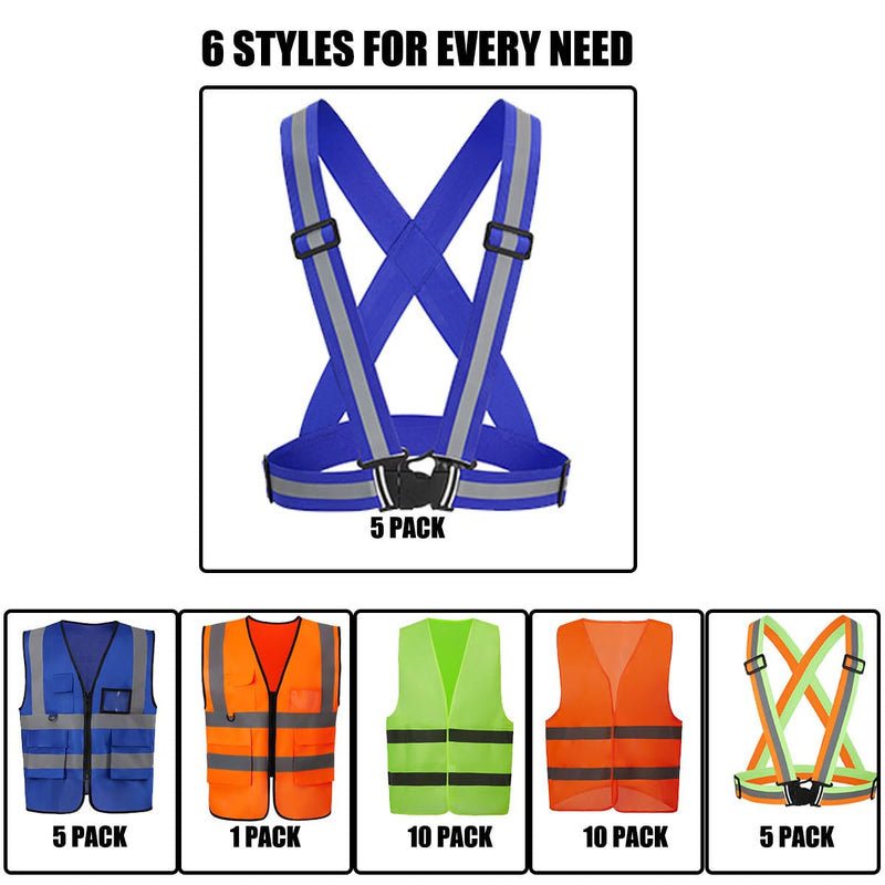 5 Pack Reflective Safety Vest for women, men and kids, Lightweight & Adjustable hi vis vest for Running, Cycling, Rucking Blue