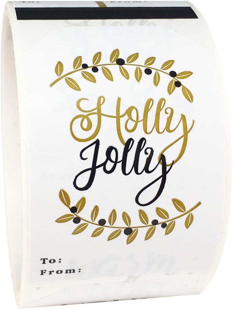 Holly Jolly and Warm Wishes Gold Gift Tag Stickers – 2 x 3 Inch Holiday Labels, Roll of 100 with 4 Festive Designs – Elegant Christmas Tags, Made in The USA