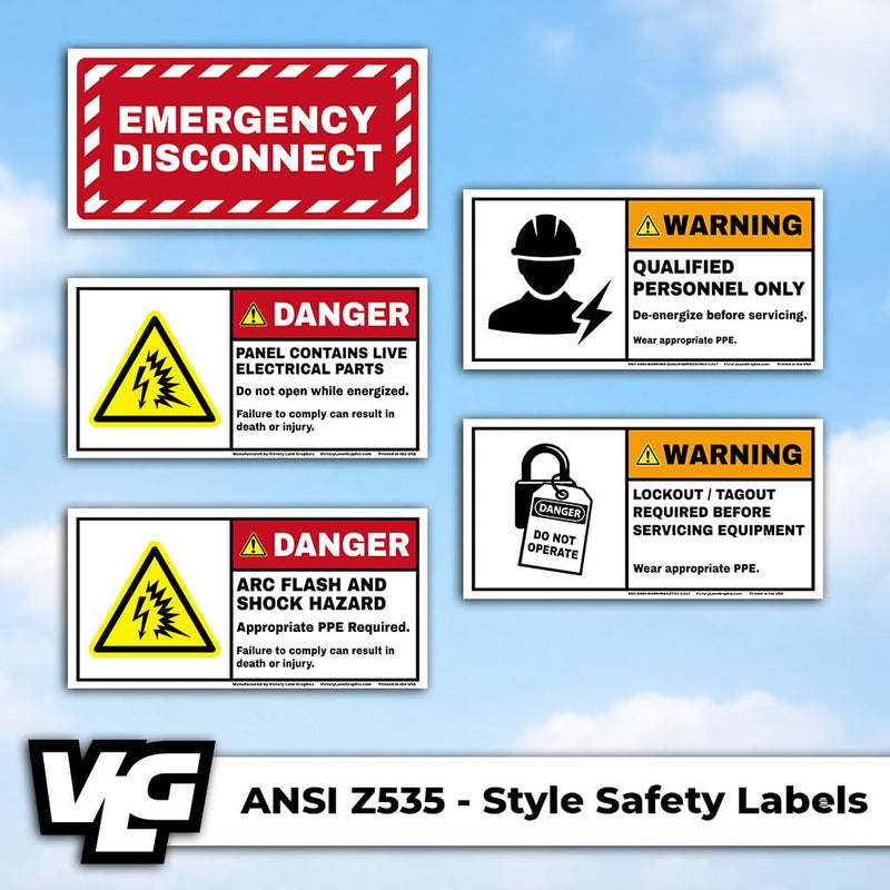 Electrical Panel Safety Labels Kit – Arc Flash Warning, Emergency Disconnect, Lockout Tagout & Qualified Personnel Signs – ANSI-Style Industrial Vinyl Decals – 5 Pack