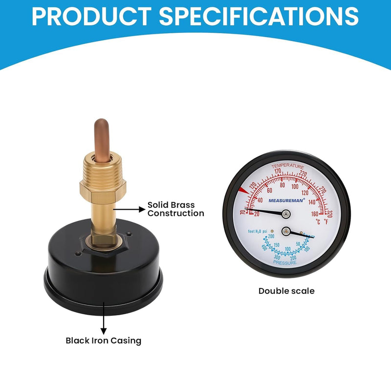 [Australia - AusPower] - MEASUREMAN Commercial Tridicator Boiler Gauge Kit, 2.5" Dial, 0-200 PSI (ft H₂O) & 70-320°F, 1/4" NPT Back Mount with 1/2" NPT Adapter and O-Ring（2.95'' Stem） 0-200 PSI 70-320°F 2.95'' Stem 