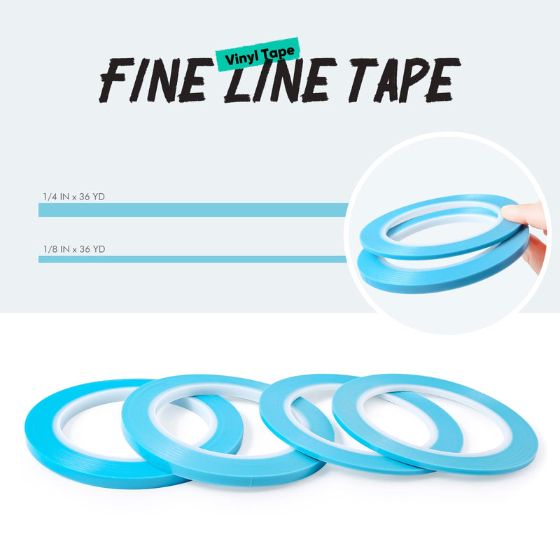 FOSHIO 4 Rolls Fine Line Tape, 2 Rolls 1/4 in x 36 yd and 2 Rolls 1/8 in x 36 yd Vinyl Tape for DIY, Flexible Pinstripe Tape for Paint Masking Striping, Color Separation and Complex Designs