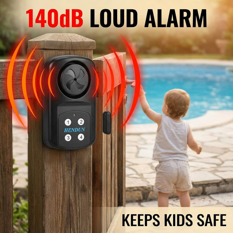HENDUN Pool Gate Alarm Outdoor Wireless with Remote, 140db Loud, Waterproof Door Alarm Sensor, Kids Safety, Weatherproof Garage Fence Entry Chime (2 Pack) 2 pack