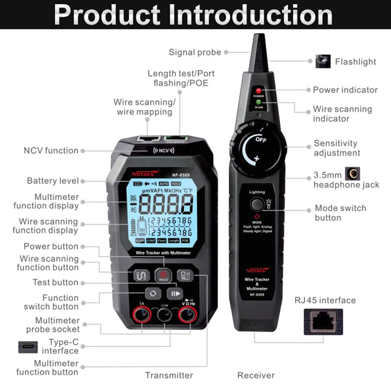 [Australia - AusPower] - NOYAFA NF-8509 Network Cable Tester (with Multimeter Tester), POE/RJ45 RJ11 CAT5 CAT6 LAN/Ethernet Port Flashing, Anti-Interference TDR Network Tester/NCV Anti-Burnout AC DC Voltmeter Network Tool Black 