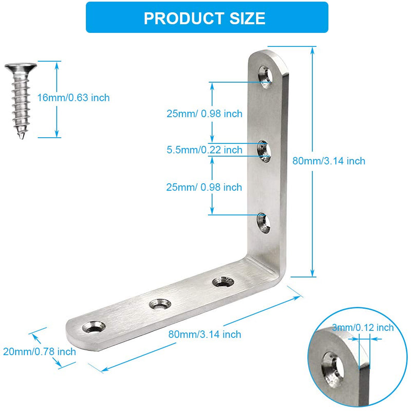 [Australia - AusPower] - 10 PCS L Bracket Stainless Steel Corner Bracket 3 x 3 inch Heavy Duty Right Angle Bracket for Wood Furniture, Metal Joint Corner Brace, with Screw 
