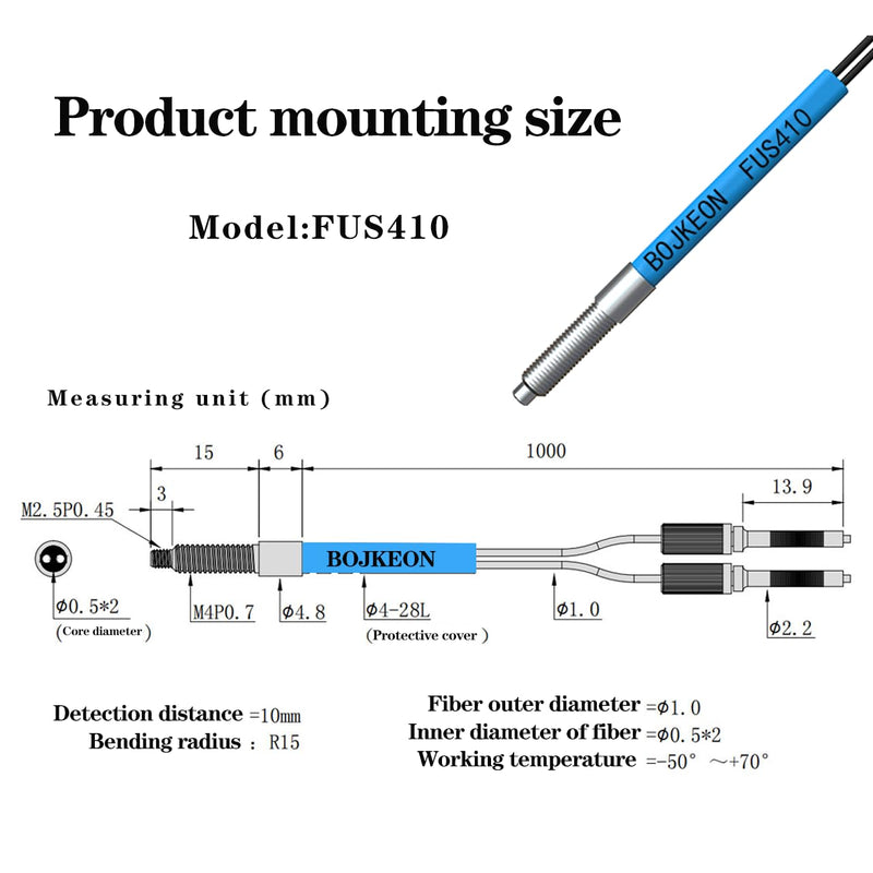 [Australia - AusPower] - FUS410 Fiber Optic Sensor,Diffuse Reflective Digital Fiber Optic,1m Line Length,M4 Sensor Probe 