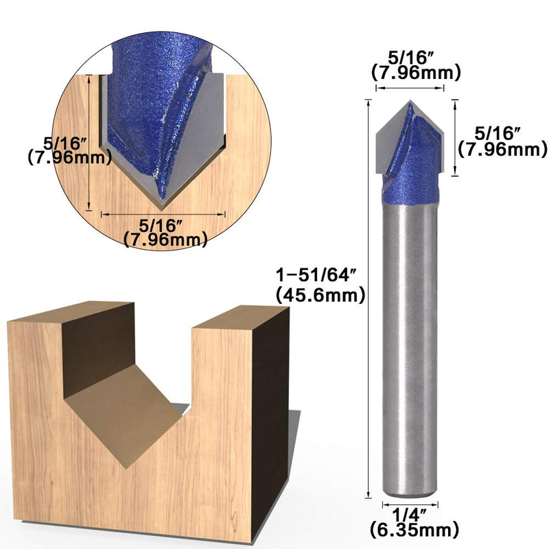 Yakamoz Industrial Grade 1/4-Inch Shank 90 Degree V Groove Router Bit Set CNC Engraving V Grooving Bit Cutter for 3D Signmaking Lettering Carving Woodworking Tool, Cutting Dia. 1/4", 5/16", 3/8", 1/2" V Groove Router Bits