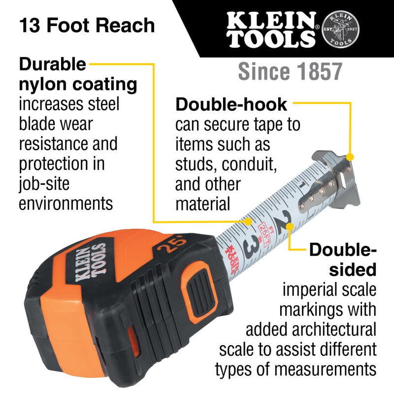 [Australia - AusPower] - Klein Tools 9525 Tape Measure, 25-Foot Compact Double-Hook Imperial Measuring Tape with Finger Brake, Nylon Blade, Easy to Read Bold Lines 