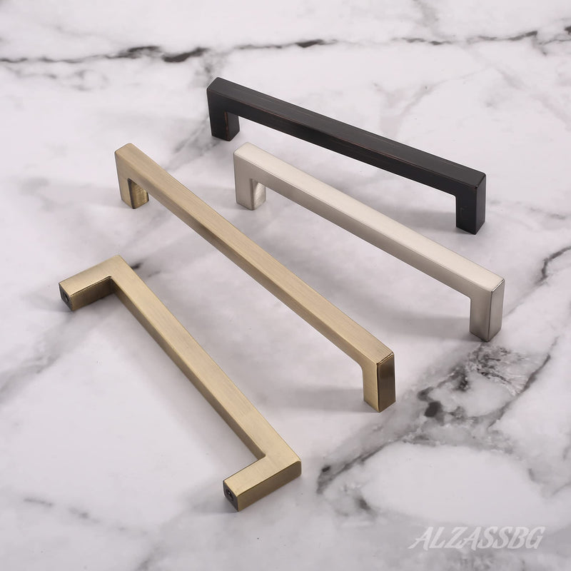 Alzassbg Brushed Antique Brass Cabinet Pulls and Handles 5 Pack, AL3041AB | 6-1/4 Inch Hole Center, Solid Metal Build, Square Decorative Hardware Handles, for Cabinets and Drawers 6-1/4" Hole Center