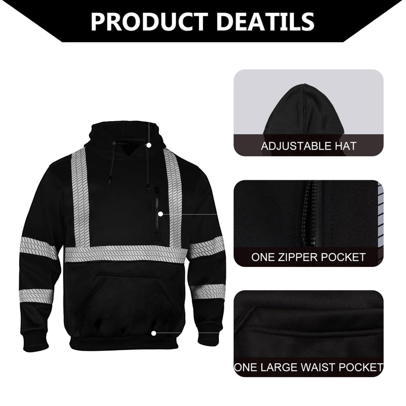 FONIRRA Hi Vis Hoodie for Men Reflective ANSI Class 3 Safety Sweatshirts High Visibility Construction Work Winter Pullover Black X-Large