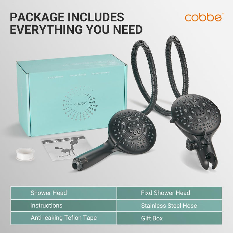 Cobbe Dual Shower Head Combo, 2-in-1 Water Saving System with 59-Inch Stainless Steel Hose, 1.8 GPM Rainfall and Handheld Spray, 3-Way Diverter with Anti-Swivel Lock Nut, Matte Black