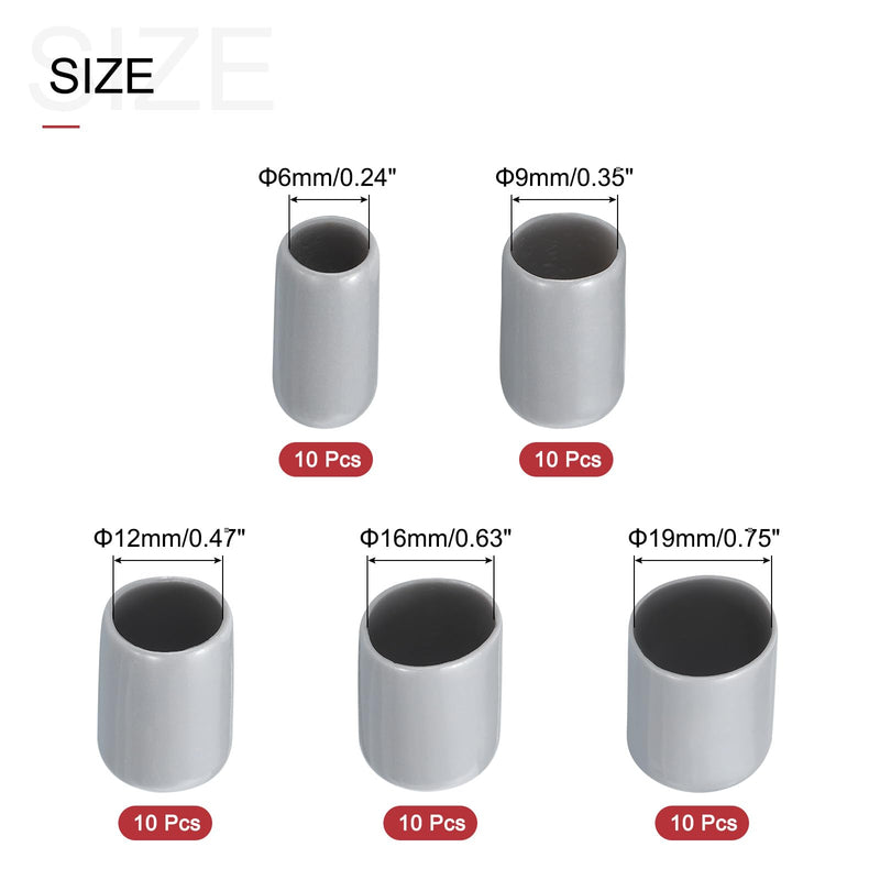 [Australia - AusPower] - uxcell 50pcs Round Rubber End Caps 1/4" 3/8" 1/2" 5/8" 3/4" Grey Vinyl Cover Screw Thread Protectors Assortment Kit 