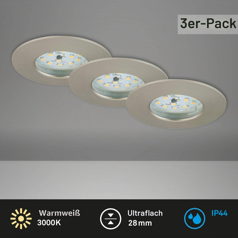 Briloner LED, Small mounting Depth, 230V, Set of 3, Ceiling Light, Downlight, Bathroom recessed lamp, Integrated, 5 W, Satin Nickel Matt-nickel