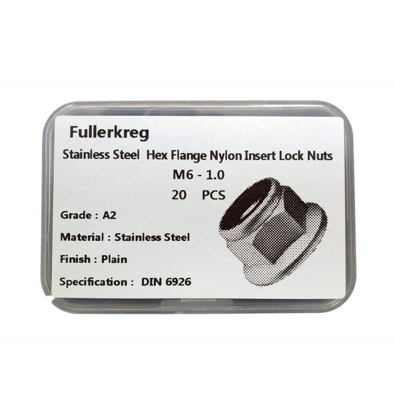 [Australia - AusPower] - FullerKreg (Pack of 20) M6 x 1.0 A2 Stainless Steel DIN 6926 Hex Flange Nylon Insert Lock Nuts, 18-8 Stainless Steel 304, Bright Finish M6 20PCS 