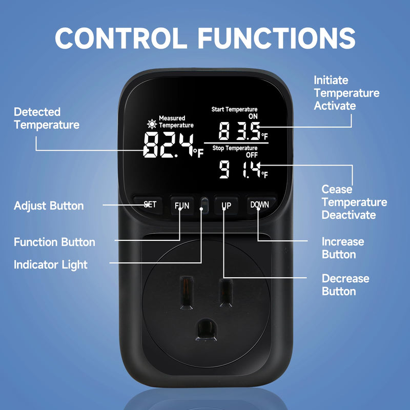 Temperature Controlled Outlet , 15A/1800W Digital Thermostat Outlet, Cyclic Timing/Countdown, -40℉~210℉ VA Display Heating Cooling Control Timer with 2Pcs Probe Cable for Reptile Incubator Black