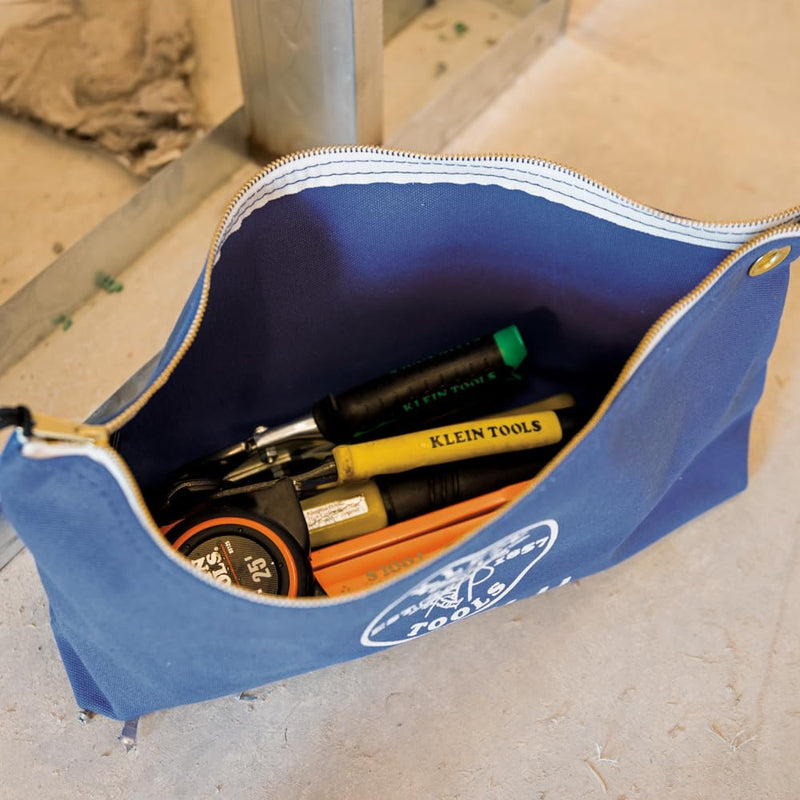 Klein Tools 5539LBLU Zipper Bag, Large 16-Inch Canvas Tool Pouch for Tool Storage with Brass Zipper, and Grommet for Hanging, Blue (Pack of 3) Large (Pack of 3)