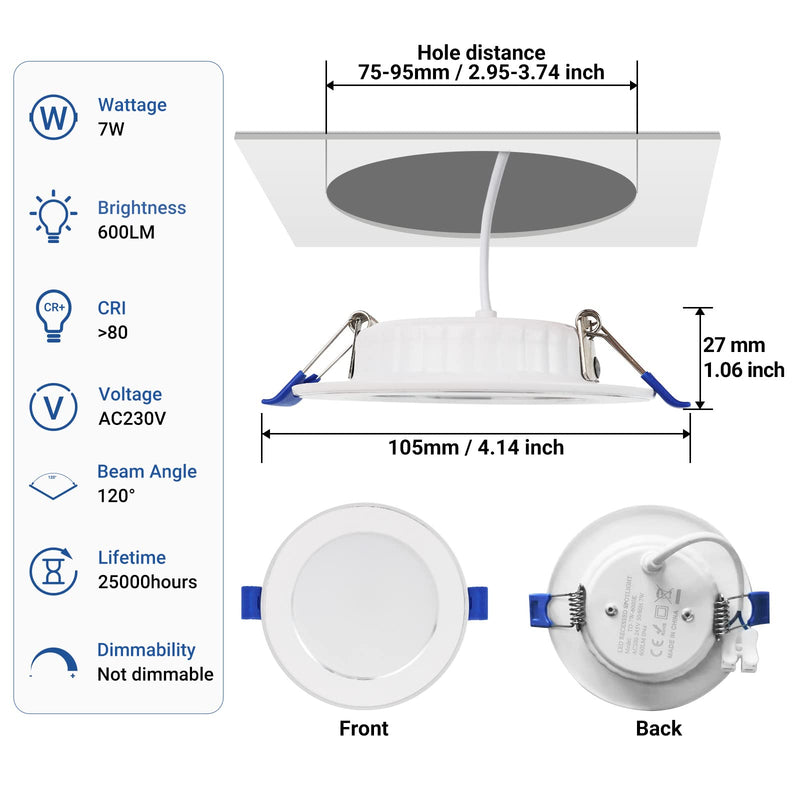 [Australia - AusPower] - Qingmiao LED Recessed Spotlights, 230 V, Flat, 7 W, 600 lm LED Spotlights, IP44 Recessed Lights for the Bathroom, Neutral White, 4500 K, Diameter 75-95 mm Hole Diameter, Recessed Lights for Living Neutral White 4500 K. 