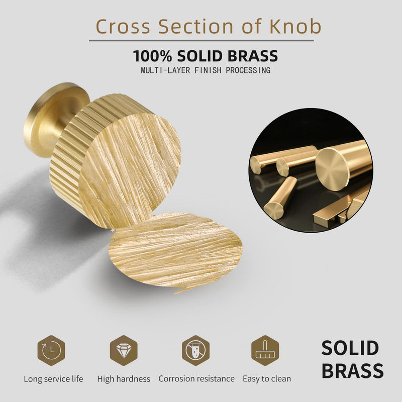 SALISENG- 5 Pack Solid Brass Kitchen Cabinet Knobs,Matt Gold Drawer Pulls, 1-1/10 Inch 28mm Diameter, Modern Furniture Handles for Cupboard Wardrobe (BOURGUE) Brushed Brass