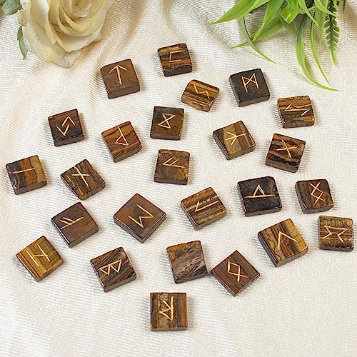 Crocon Tiger Eye Runes Crystal Rune Stones Set 25Pcs Elder futhark Viking G