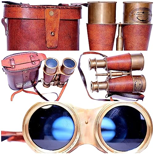 Antique Victorian Brass Leather Binocular Opera Glasses & Spyglass Orange