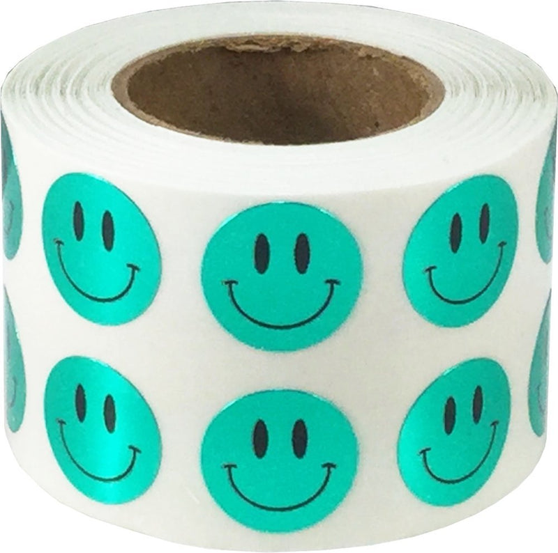 1/2" Inch Small Metallic Green Happy Face Labels, 1,000 Total Adhesive Stickers on a Roll, Perfect for Kids Classroom Incentives, Motivational Chart Use