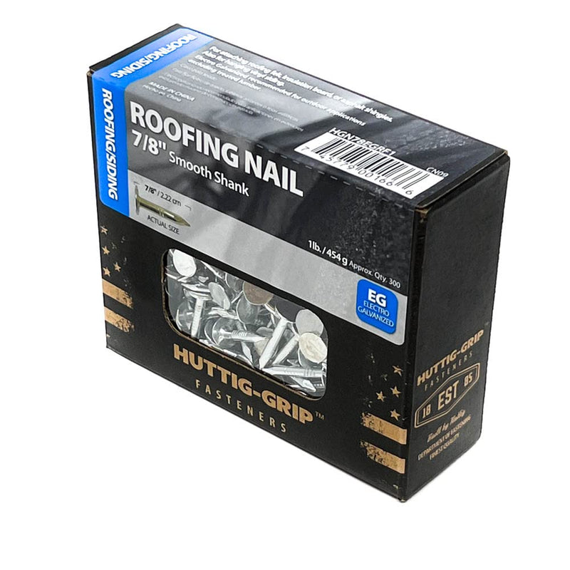 [Australia - AusPower] - Huttig-Grip Roofing Nail 7/8 inches Smooth Shank, Electro Galvanized Finish, 11 Gauge, 3/8 inches Round Head HGN78EGRF1-1 lb Pack of 300 Nails 7/8" Roofing - 1 lb Pack 