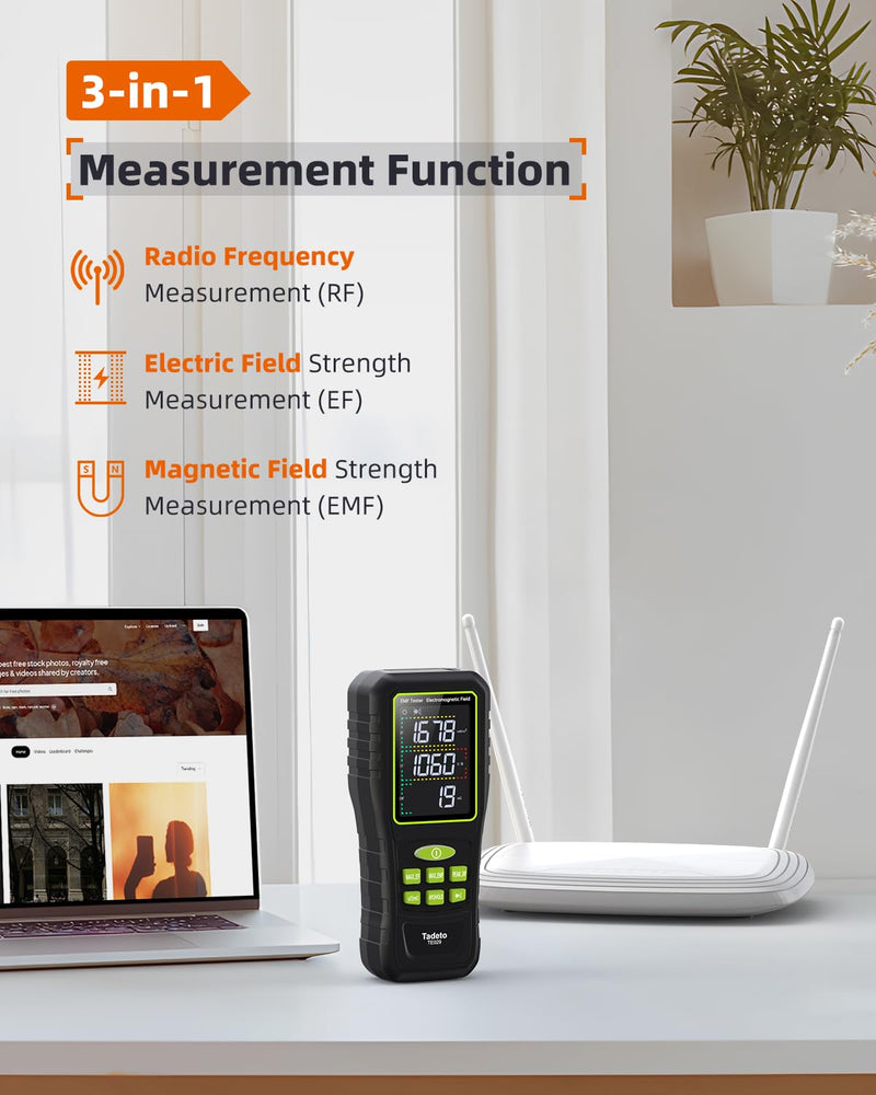 Tadeto EMF Meter,EMF Detector,3 in 1 Hand-Held Digital LCD Rechargeable EMF RF Meter Radiation Detector for EF,RF,MF Home,Office,Outdoor,Ghost Hunting