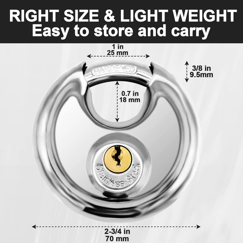 [Australia - AusPower] - Vervida® Keyed Padlock Stainless Steel Disc Lock with 3 Keys, 3/8 Inch Shackle 70mm, Heavy Duty Lock Outdoor Waterproof Storage Lock for Warehouse, Garage, Storage Locker, and Outdoors (1 Pack) 1 Pack 